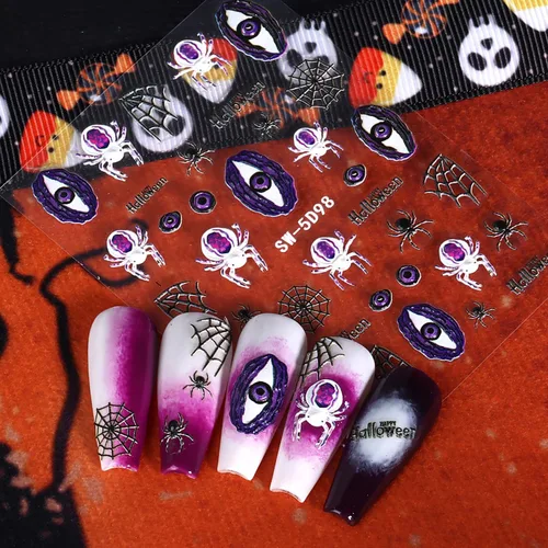 Miniatura 3 de 6 hojas de calcomanías de arte de uñas de Halloween, 5D estéreo, autoadhesivas, diseño de ojos holográficos, fantasma, llama, calabaza, día