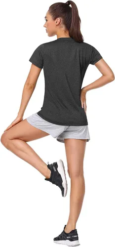 Miniatura 5 de Xelky Paquete de 3 a 4 camisetas de manga corta para mujer, de ajuste seco, absorben la humedad, camisetas atléticas deportivas con cuello en V