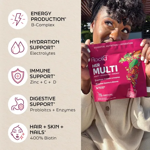 Miniatura 3 de Root'd Multivitamínico en polvo para mujeres – 25 vitaminas y minerales con 3 electrolitos, 9 superalimentos orgánicos, probióticos y enzimas