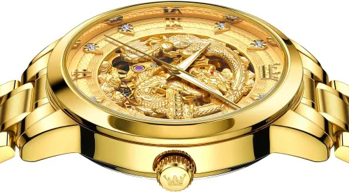 Miniatura 2 de OLEVS Dragon Skeleton Reloj automático para hombre, 1.654 pulgadas, esfera grande, dorado, de lujo, cuerda automática, impermeable, acero