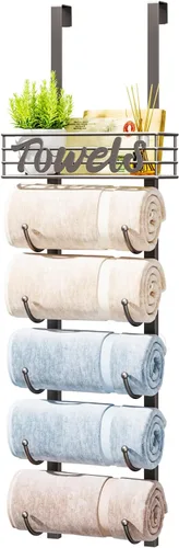 Miniatura 13 de HapiRm Toalleros para almacenamiento de baño, 3 niveles sobre la puerta y montaje en pared, organizador de toallas enrollado con cesta de estante