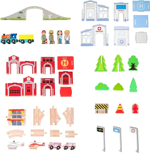 Miniatura 8 de Teamson Kids Juego de mesa de tren con 85 piezas, mesa de actividades de laboratorio de juego preescolar con trenes de madera, coches, ferrocarril