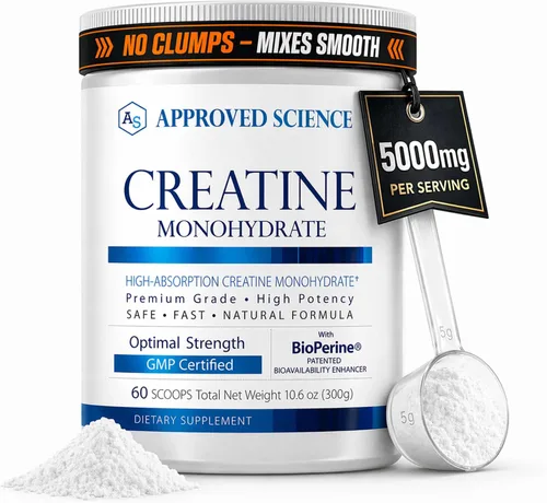Approved Science Monohidrato de creatina en polvo – con BioPerine – Apoya la fuerza, el músculo magro y la recuperación – 0.18 oz por porción –