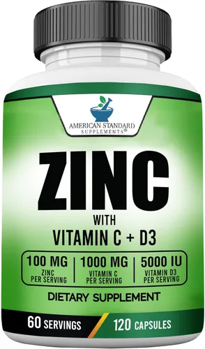 American Standard Supplements Zinc 100 mg, vitamina C 1000 mg y vitamina D3 5000 UI (125 mcg) por porción, sin gluten, sin OMG, 120 cápsulas, 60