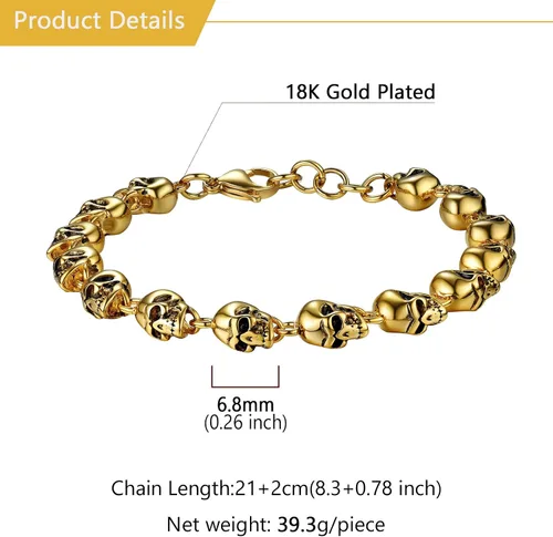 Miniatura 30 de U7 Pulseras góticas de calavera para hombres y mujeres, acero inoxidable, chapado en oro de 18 quilates, plata, negro, punk, esqueleto punk