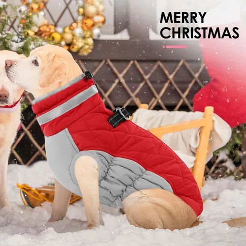 Miniatura 8 de AOFITEE Abrigo para perro, abrigo cálido de invierno para perros pequeños, chaqueta reflectante de cuello alto para perros con arnés integrado, Rojo
