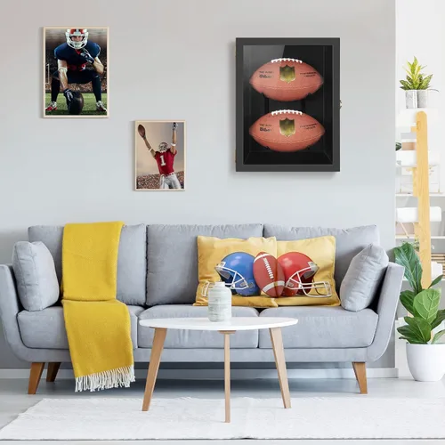 Miniatura 5 de TJ.MOREE Estuche de fútbol con 2 fundas de fútbol tamaño completo, soportes para rugby para exhibir pelotas, caja de sombra de montaje en pared