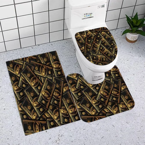 Miniatura 13 de GUBIYU Juego de alfombras de baño de 100 dólares, color negro y dorado, juego de alfombras de baño con dinero, tapete de baño antideslizante