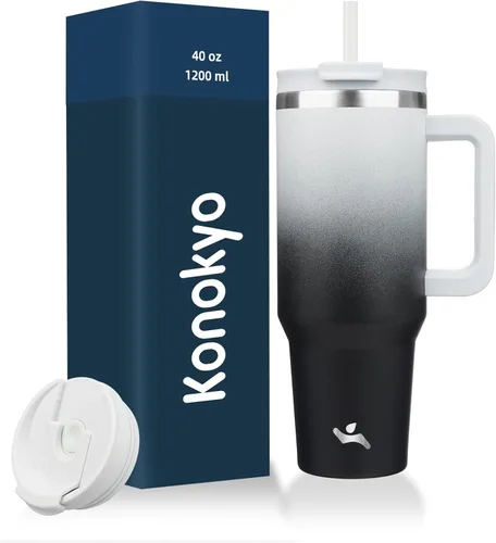 Miniatura 35 de Konokyo - Vaso de 40 onzas con asa y 2 pajillas, botella de agua aislada 2 en 1 con tapa. Taza de viaje de acero inoxidable para café, flores