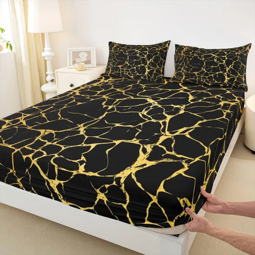 Miniatura 6 de Erosebridal Sábana bajera ajustable de mármol metálico dorado, tamaño individual, sábanas de cama con purpurina dorada negra, diseño de textura