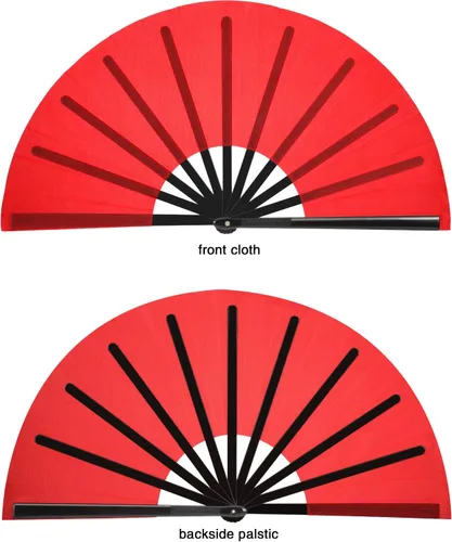 Miniatura 3 de Maitys 2 piezas de abanicos grandes plegables de mano para baile en línea, abanicos grandes de nylon plegables para festival de kung fu chino, Rojo