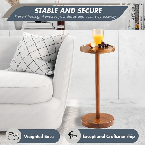 Miniatura 4 de Mesa auxiliar de pedestal, mesa de bebida de acacia con base pesada, mesa auxiliar redonda pequeña para espacios pequeños con soporte para teléfono