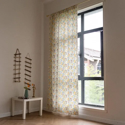 Miniatura 105 de Deeprove Cortinas bohemias para dormitorio, rayas huecas de ganchillo crema y estampado floral, tela de lino de algodón, con borlas beige bohemias