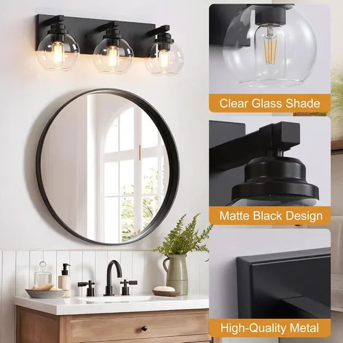 Miniatura 3 de LmnLvn Lámparas de baño, 3 luces de tocador de color negro mate, modernas lámparas de baño sobre espejo, luces de tocador de granja con pantalla
