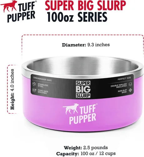 Miniatura 6 de Tuff Pupper Cuenco de acero inoxidable aislado resistente de 100 onzas para perros grandes, base antideslizante, apto para lavavajillas Rosa Punch