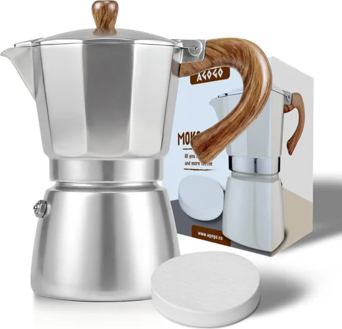 Miniatura 11 de AGOGO Milano Moka - Máquina de café expreso con 100 filtros de papel para café sin sedimentos, greca italiana clásica con mango de grano de madera