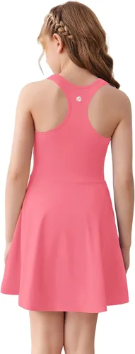 Miniatura 2 de Haloumoning Vestido de tenis sin mangas para niñas, vestido de golf con espalda cruzada para niños, vestido deportivo escolar con bolsillos cortos