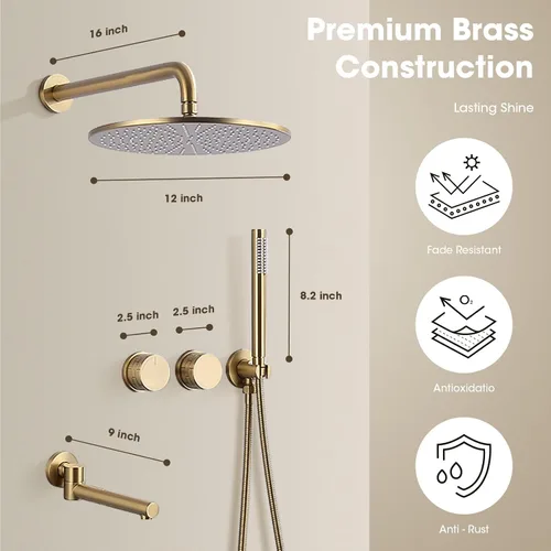 Miniatura 7 de TRUSTMI Sistema de ducha dorado cepillado con boquilla giratoria, juego de ducha de lluvia de 12 pulgadas montado en la pared con válvula desviadora