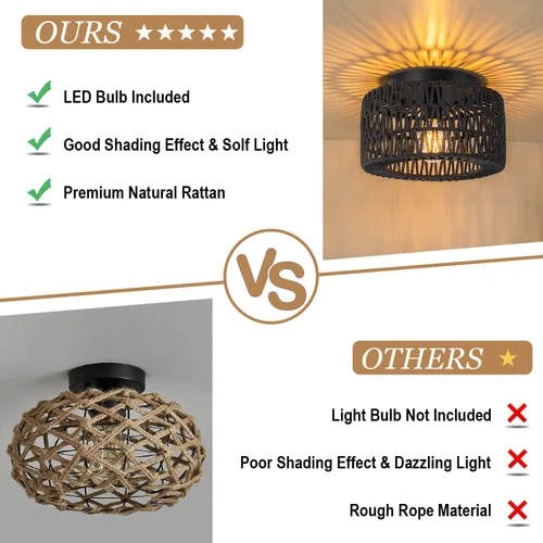 Miniatura 6 de SineRise Lámparas de techo de ratán (30 cm, bombilla LED incluida), lámpara de techo de montaje empotrado tejida a mano estilo bohemio, lámpara