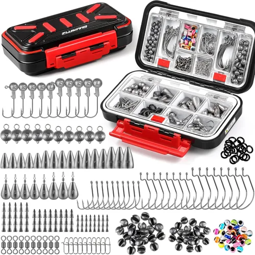 PLUSINNO Kit de 264 piezas de accesorios de pesca, caja de aparejos organizada con aparejos incluidos, pesas y plomos de pesca, anzuelos,