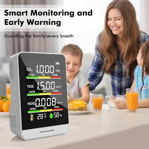 Miniatura 3 de Monitor de calidad del aire para interiores, probador inteligente de calidad del aire 8 en 1 con CO2, TVOC, HCHO, AQI, temperatura y humedad