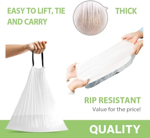 Miniatura 5 de Bolsas de basura con cordón de Teivio, 1.6 galones, 120 unidades, bolsas de basura resistentes, tamaño mediano, para papeleras de cocina y baño