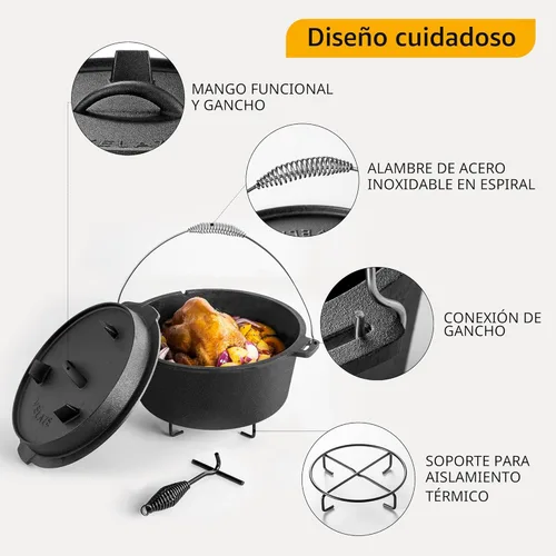 Miniatura 5 de Velaze Horno Holandés de Campamento de 10 Cuartos de Galón, Olla Holandesa de Hierro Fundido Pre-Sazonada para Campamento con Tapa, para Uso