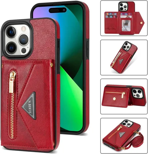 Miniatura 2 de Cartera con cremallera compatible con iPhone 14 Pro Max, funda cruzada con correa para mujer, tarjetero y cordón de 6.7 pulgadas, función atril