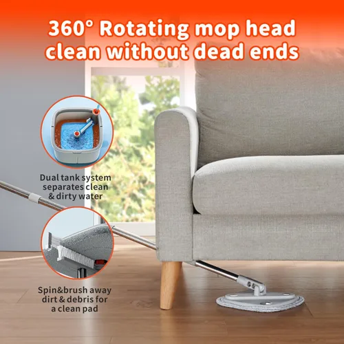 Miniatura 5 de Juego de trapeador giratorio y cubo con sistema de agua sucia y limpia de separación automática con cabezal de trapeador giratorio de 360°