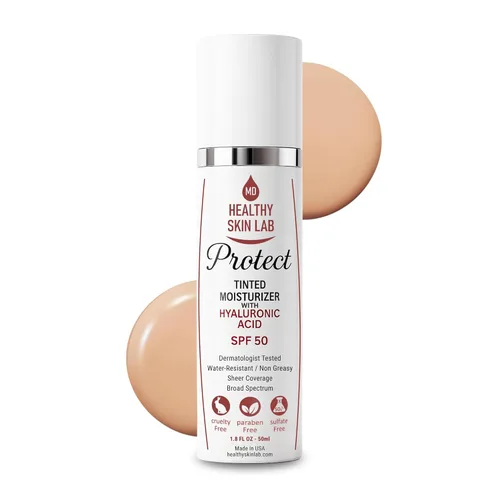 Healthy Skin Lab Protect - Hidratante tintado y protector solar mineral SPF 50, tinte universal transparente, cobertura ligera, protección UV de