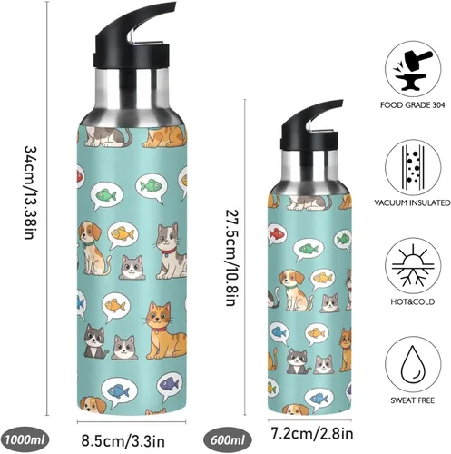 Miniatura 2 de Cartoon Cats Dogs Insulated Stainless Steel Water Bottle with Straw 20 Oz Leakproof Water Bottles, BPA-Free Sports Water Bottle