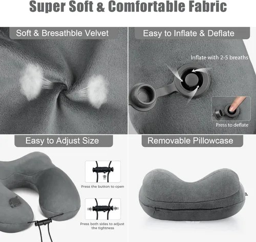 Miniatura 4 de Almohada inflable para el cuello de viaje para aviones, soporte de cuello de terciopelo súper suave, firmeza ajustable, almohada inflable