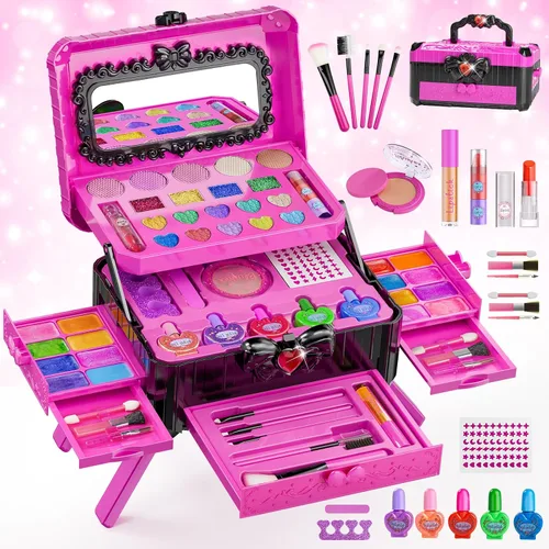 Juegos de maquillaje para niñas - Juguetes de maquillaje lavables para niños pequeños con espejo, mesa de vestir con soporte, juegos de maquillaje