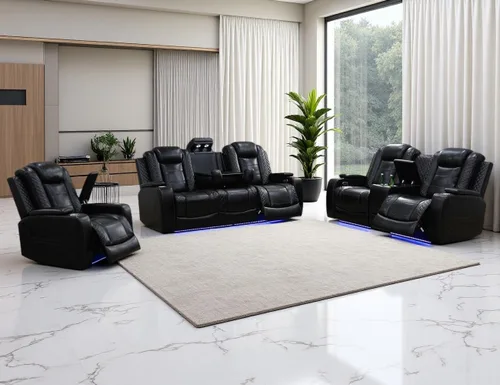 Miniatura 49 de Juego de Sofá Reclinable Eléctrico, Juego de Sofá y Sillón Reclinable de Cuero Negro, Juegos de Muebles de Sala de Estar, Sofá de Dos Plazas