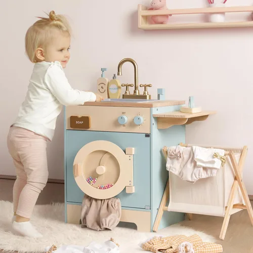 Miniatura 6 de ROBOTIME Juego de lavadora de cocina de juguete, lavadora de juguetes de madera para niños con cesta de ropa, plancha y fregadero, juguete de cocina