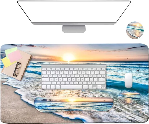 Miniatura 5 de Alfombrilla de mouse grande 4 en 1 para juegos, reposamuñecas para teclado y soporte para la muñeca, alfombrilla de escritorio extendida, Playa