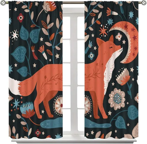 Miniatura 8 de Cortinas opacas de dibujos animados de animales de bosque naranja, zorro, flores, luna, hojas azules, arte abstracto, niños y niñas, decoración