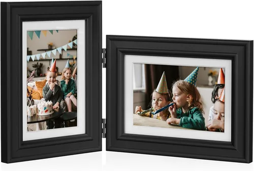 Miniatura 31 de Marco de fotos doble horizontal con bisagras plegable de 4 x 6 pulgadas en madera de pino negro con vidrio real para mesa X3-HEI-2H46