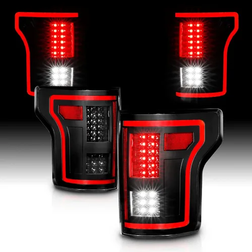AmeriLite [Juego de luces traseras secuenciales de tubo LED rojo completo con lente lisa negra para Ford F150 Pickup 2015-2017 - Lado del pasajero y