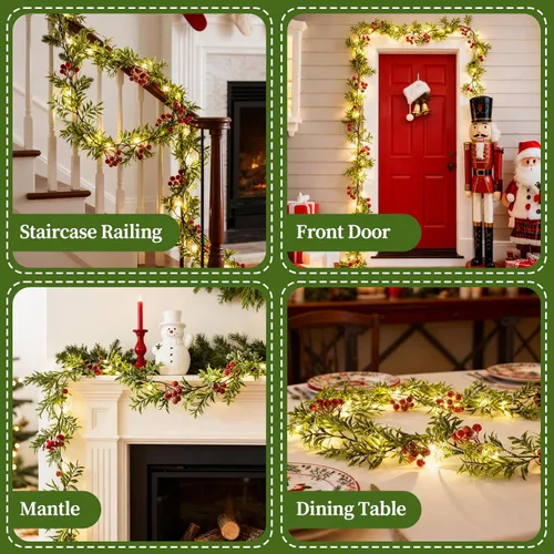 Miniatura 6 de Guirnalda de Navidad con Luces 5.9 Pies Guirnalda de Navidad con Bayas Rojas Hojas de Acebo Verdes Guirnalda Pre-Iluminada para Decoración