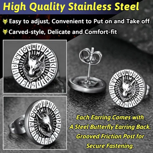 Miniatura 5 de FaithHeart Aretes de tuerca vikingos nórdicos para hombres y mujeres, de acero inoxidable, con diseño de valknutbrújulanudo celtacabeza de lobo