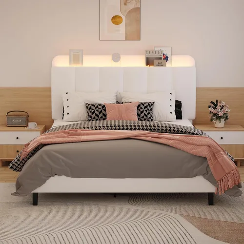 Miniatura 13 de BarnFurin Base de cama individual con luces LED, plataforma tapizada con cabecera de almacenamiento, marco de cama individual, sin ruido,