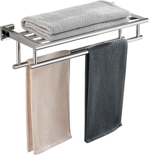 Miniatura 17 de Toallero con estante de 20 pulgadas, toalleros dobles para baño, soporte de toallas de baño negro mate, toallero de acero inoxidable SUS304