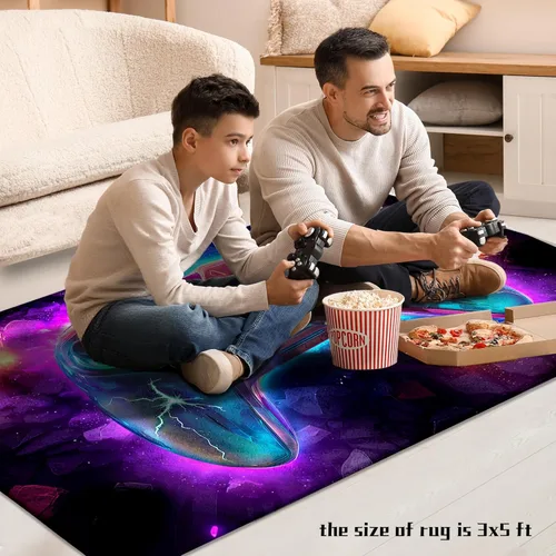 Miniatura 5 de Alfombra de área de juegos neón de 3 x 5 pies para habitación de niños, alfombra colorida de control de juegos para decoración de habitación