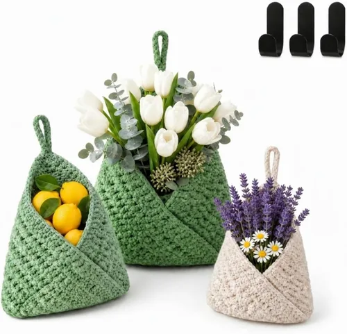Miniatura 25 de Honeydak Cestas colgantes de pared bohemias para cocina, paquete de 3 cestas de lágrima con ganchos, almacenamiento de frutas, cebollas, verduras