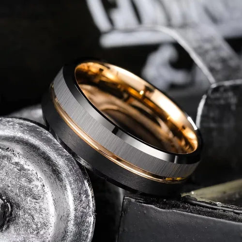 Miniatura 2 de King Will Loop. Anillo de boda de carburo de tungsteno de 0.2360.315de pulgada, con línea de oro rosa, anillo negro y plata cepillado, ajuste cómodo