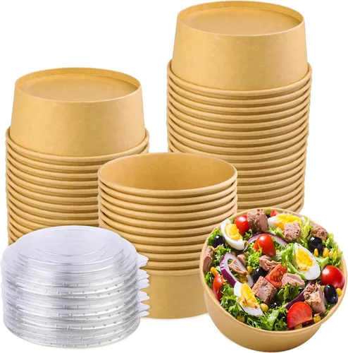 Miniatura 8 de Paquete de 50 cuencos de papel kraft de 17 onzas con tapas, cuencos desechables para sopa caliente, cuencos de papel con tapas, contenedor