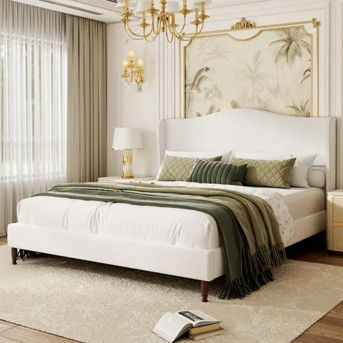 Miniatura 8 de Base de cama tapizada tamaño Queen, cabecera de tela de felpilla de 51 pulgadas de alto con diseño clásico de alas curvadas, patas de madera maciza