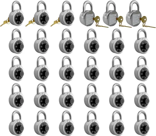Miniatura 10 de Candado de combinación con llave, paquete de 10 con 4 llaves iguales, cerradura de combinación para casillero de herramientas, casillero de escuela