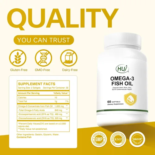 Miniatura 6 de HUJ Aceite de pescado Omega 3 1000 mg cápsulas blandas - EPA+DPA, aceite de pescado Omega 3 para corazón, cerebro, piel, ojos y apoyo